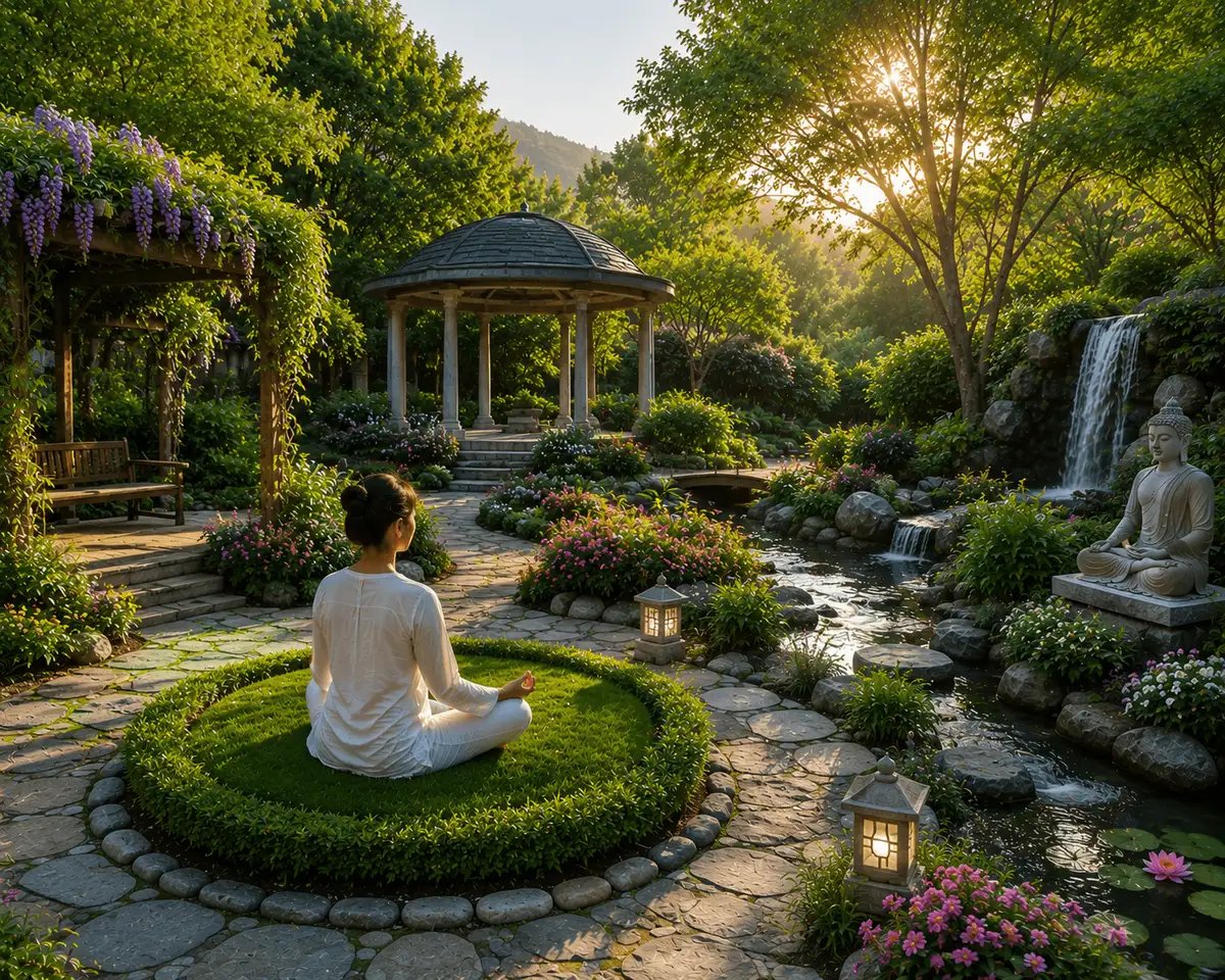Peaceful meditation garden with healing herbs, aromatic plants, waterfalls, gazebos, and tranquil landscapes designed for wellness and mindfulness.